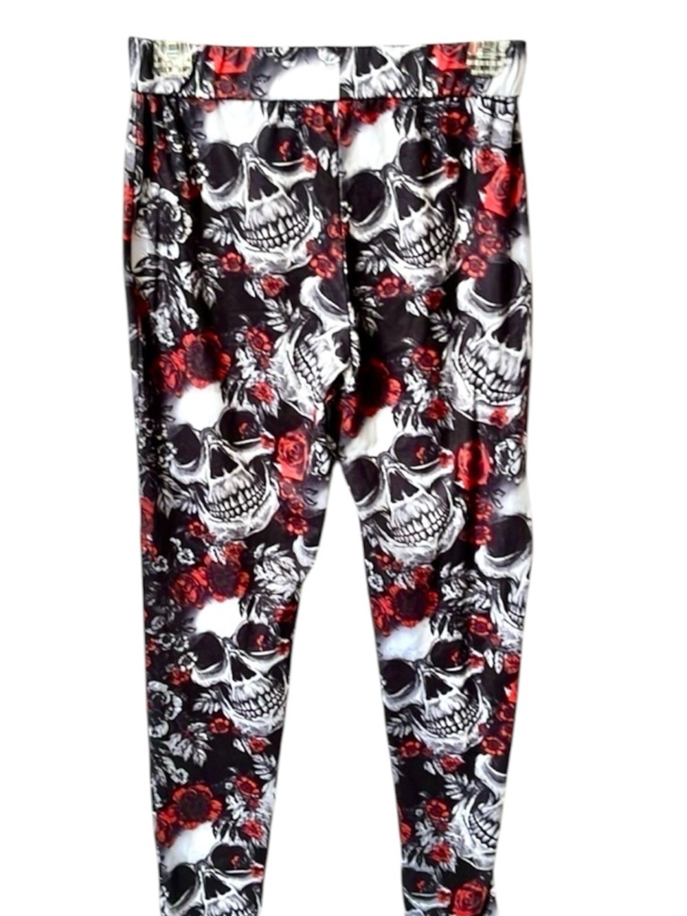 Gothic Skull & Rose Leggings Black Red Skeleton Print High Waist Size L